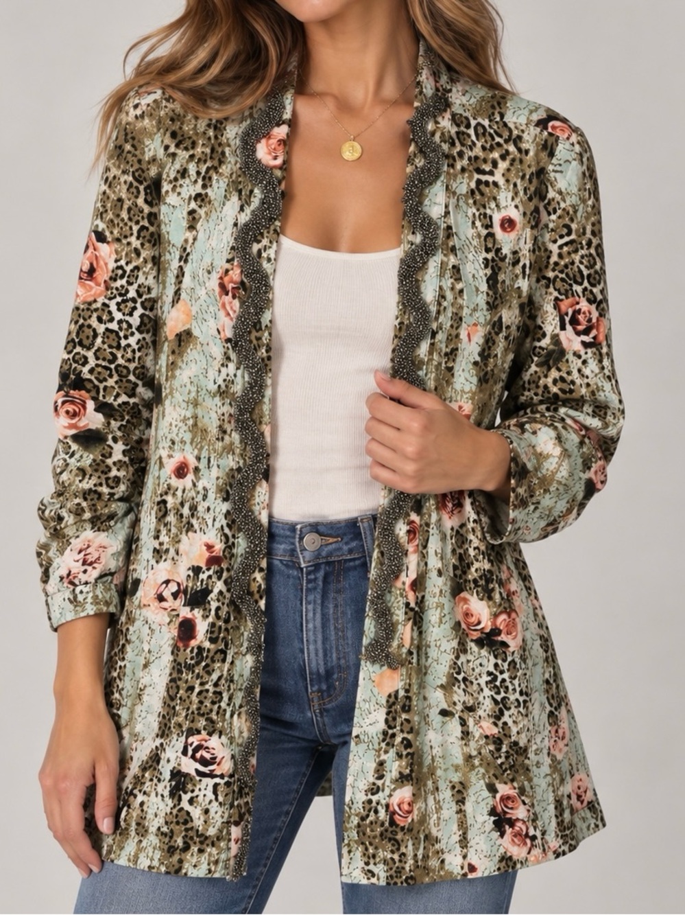 Alberto Makali Beaded Leopard & Floral Linen Jacket (Size L)